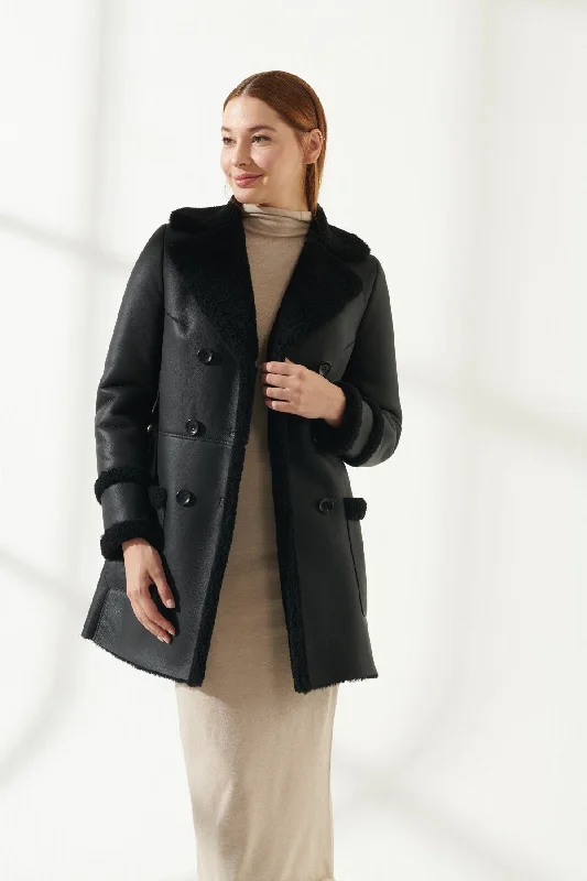 Womens Jet Black Shearling Leather Coat