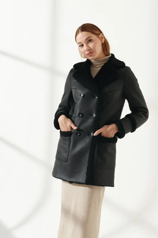 Womens Jet Black Shearling Leather Coat