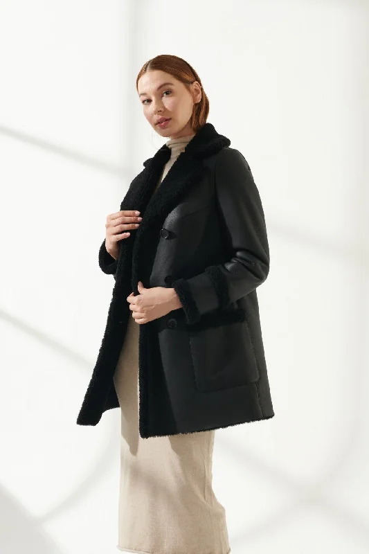 Womens Jet Black Shearling Leather Coat