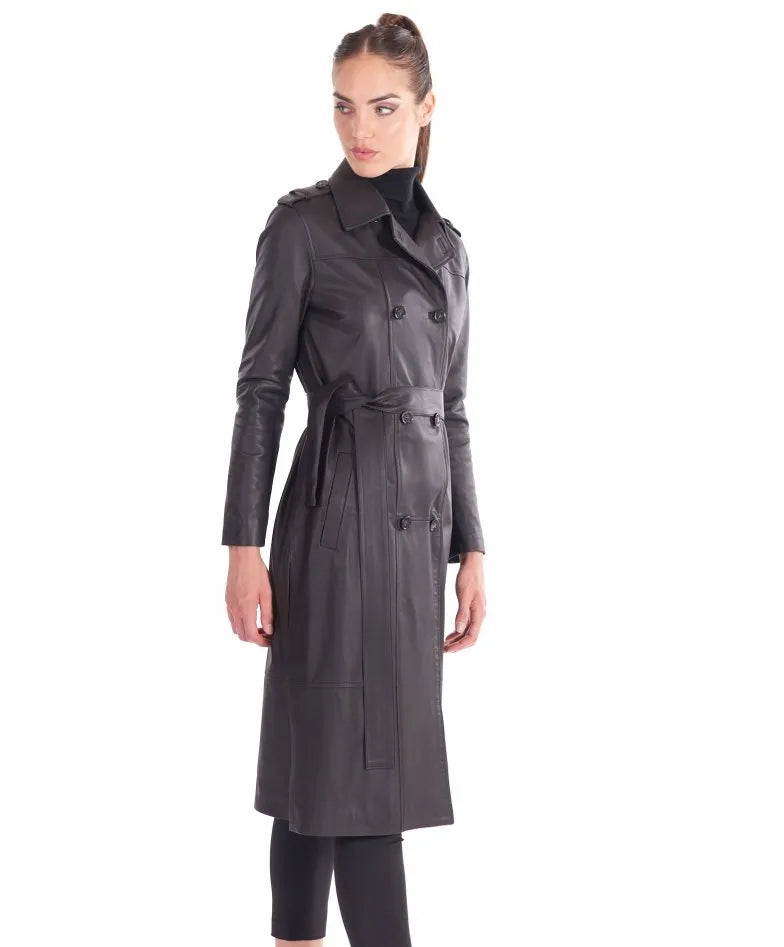 Women's Midnight Black Long Leather Coat