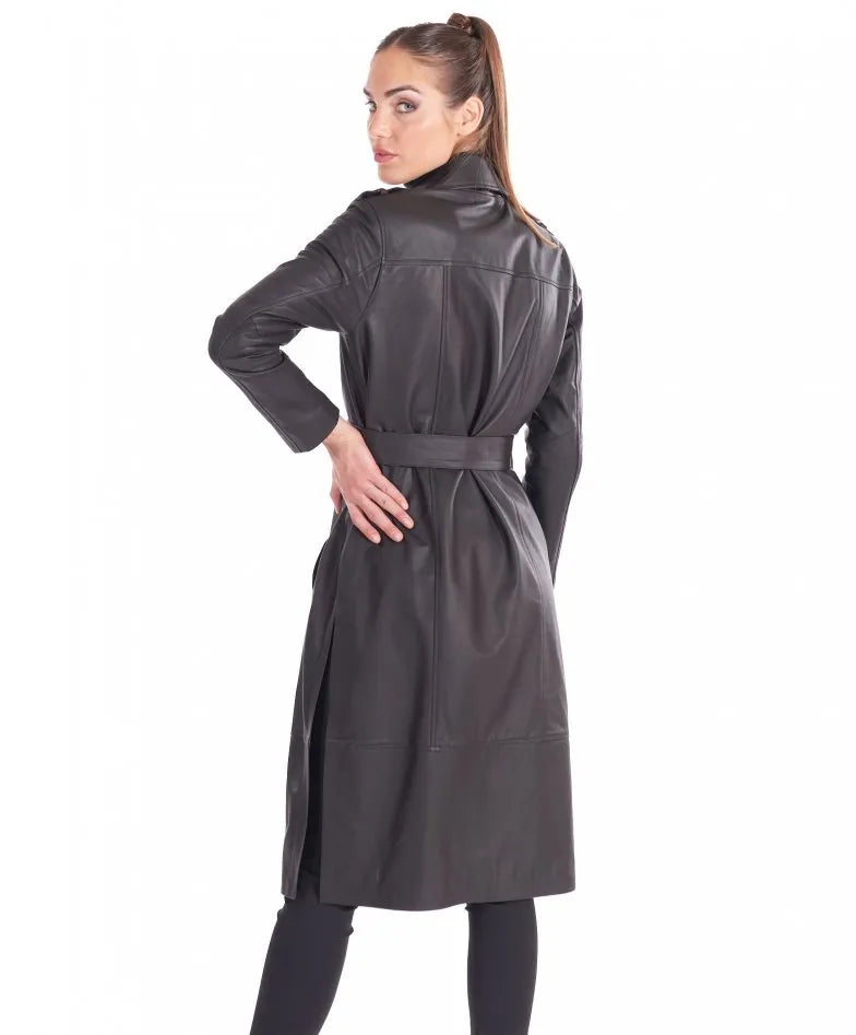 Women's Midnight Black Long Leather Coat