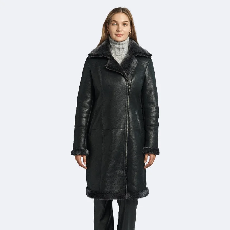 Womens Shiny Black Shearling Leather Coat