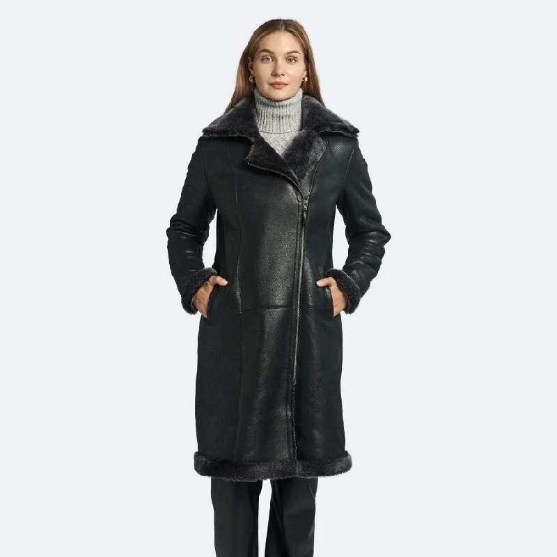 Womens Shiny Black Shearling Leather Coat