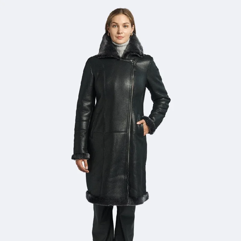 Womens Shiny Black Shearling Leather Coat