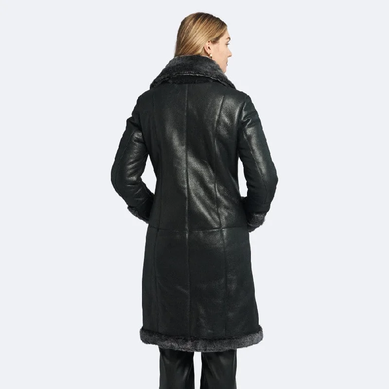 Womens Shiny Black Shearling Leather Coat