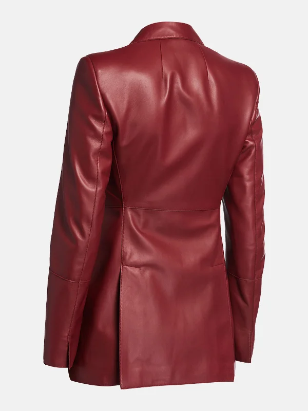 Women’s Slim-Fit Graceful Dim Red Asymmetrical Leather Coat