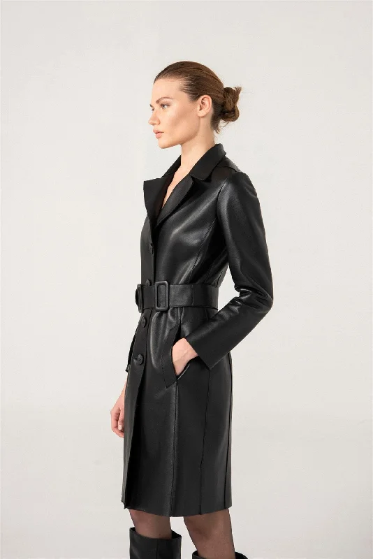 Womens Smooth Black Trench Leather Coat