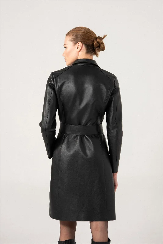 Womens Smooth Black Trench Leather Coat