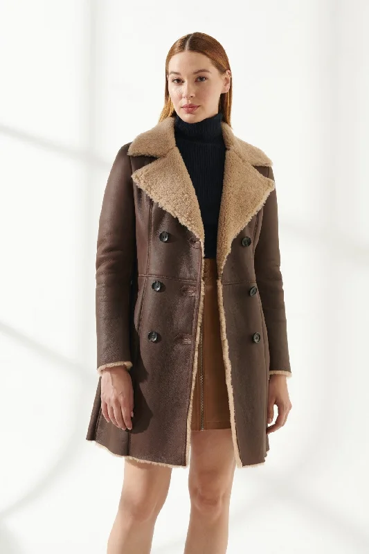 Womens Soft Brown Shearling Leather Coat