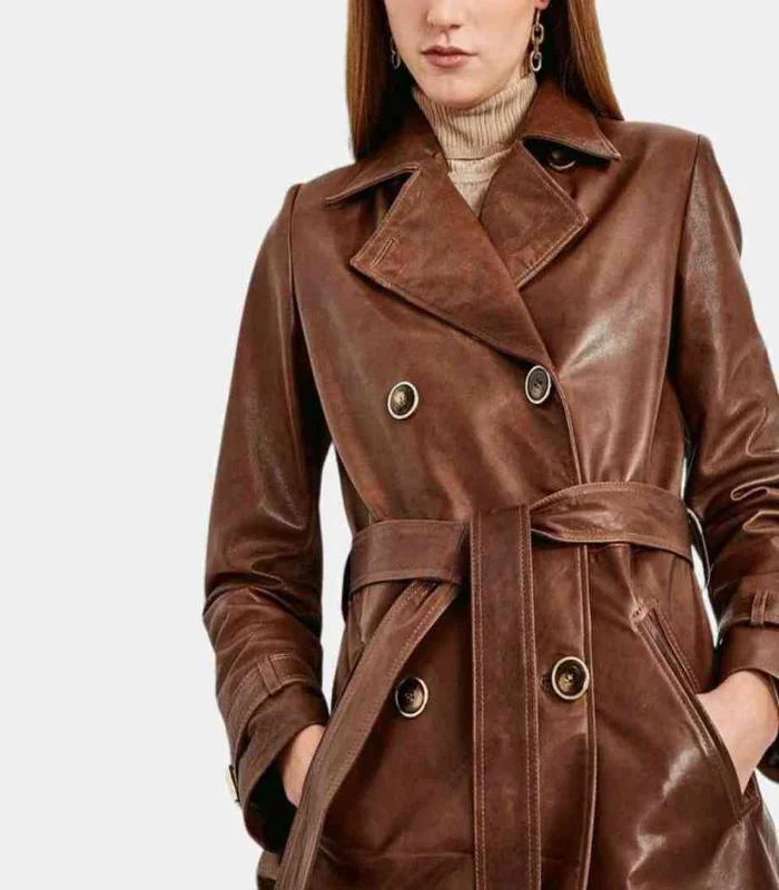 Womens Stylish Brown Trench Leather Coat