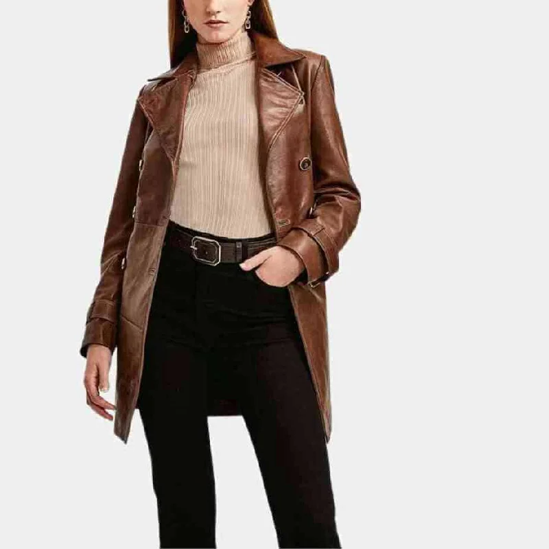 Womens Stylish Brown Trench Leather Coat