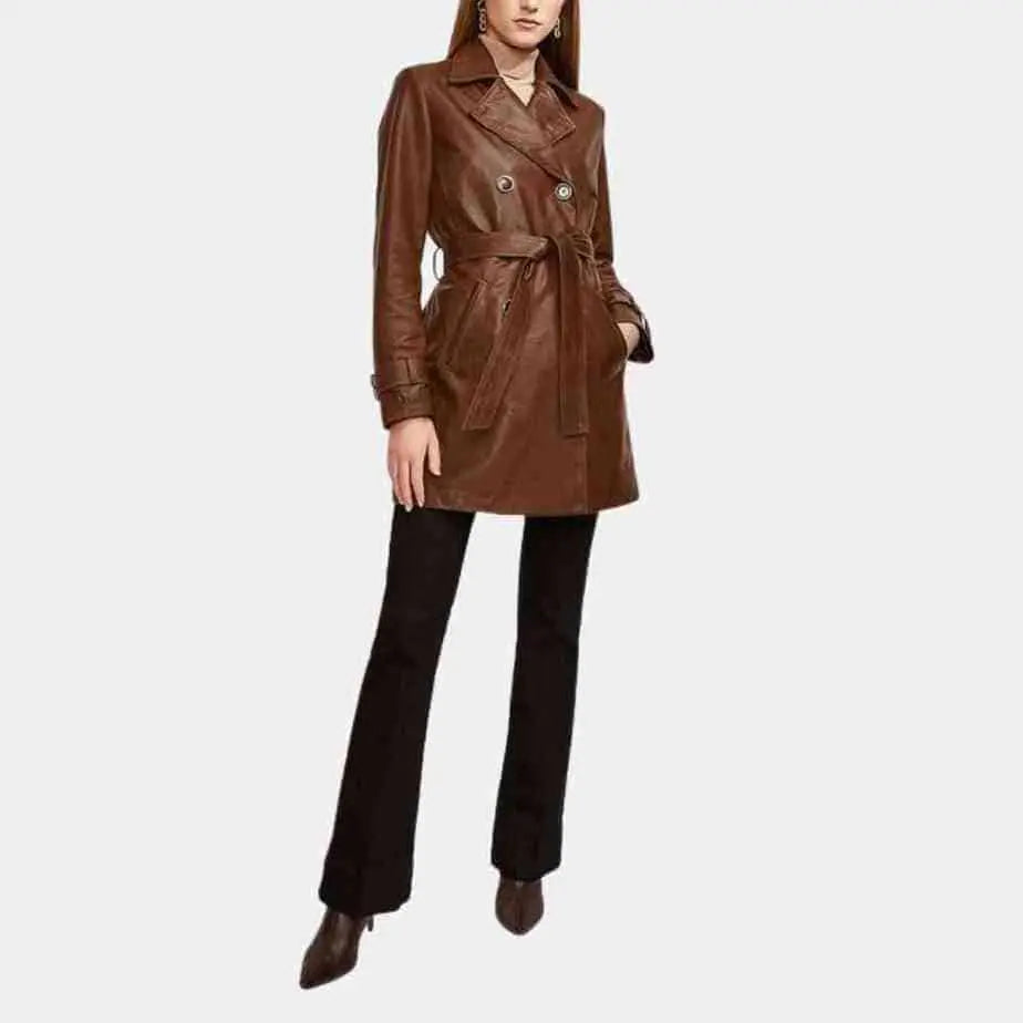 Womens Stylish Brown Trench Leather Coat