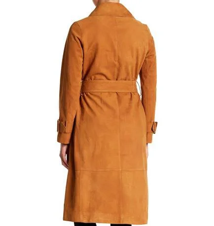 Women's Suede Leather Trench Coat In Brown