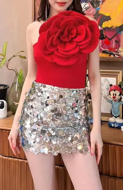 EXAGGERATED 3D FLOWER BODYSUIT IN RED