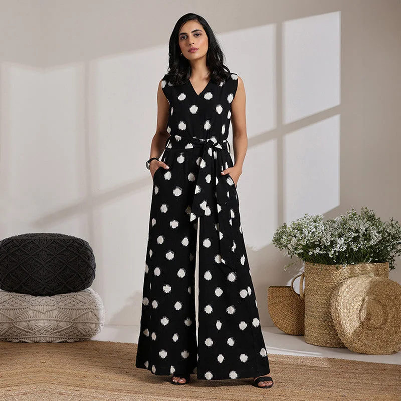 Black Jumpsuit for Women | Handwoven Ikat | Polka Dot