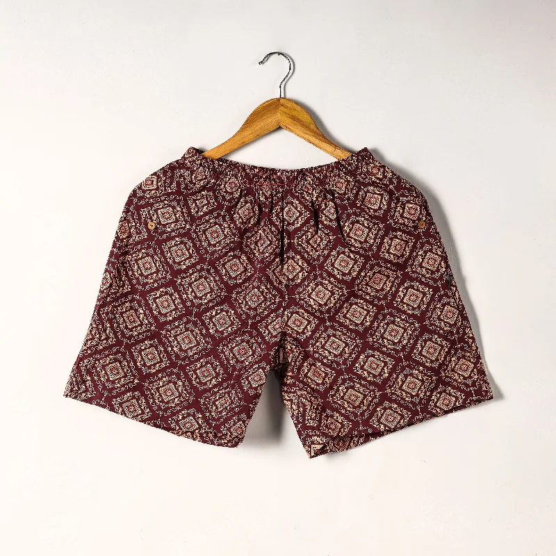 Maroon - Sanganeri Block Printed Cotton Unisex Boxer/Shorts