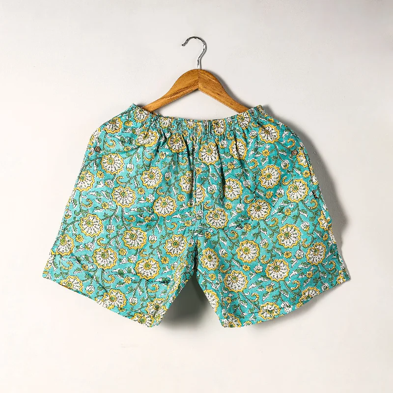 Green - Sanganeri Block Printed Cotton Unisex Boxer/Shorts