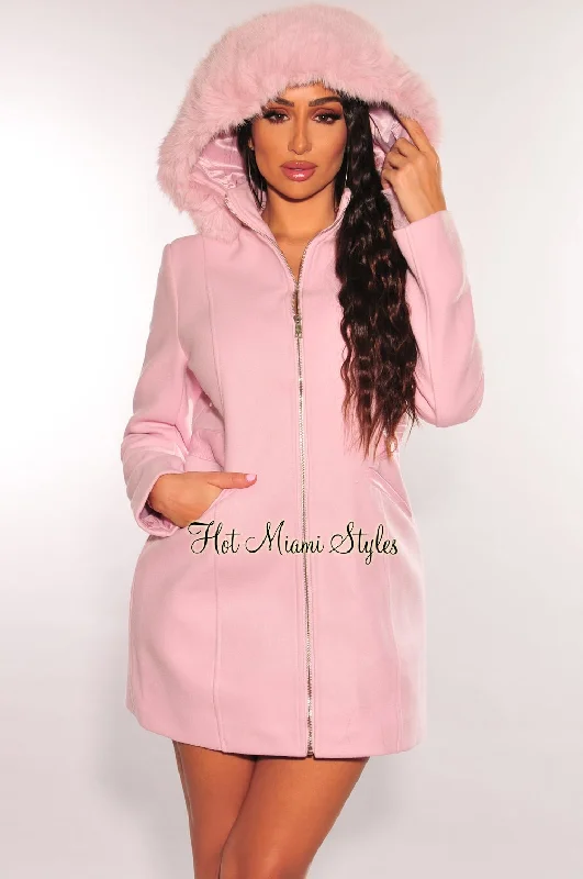 Baby Pink Wool Collared Fur Hooded Zipper Coat Jacket