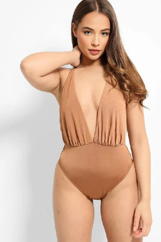 Brown Satin Deep Plunge Halterneck Bodysuit