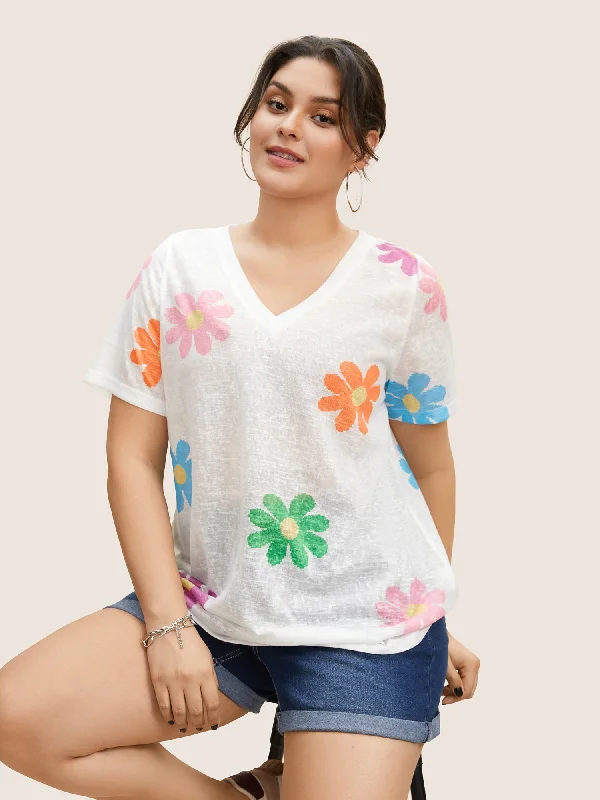 colored-floral-v-neck-see-through-t-shirt