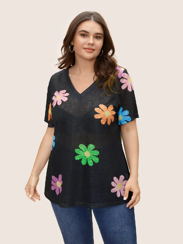 colored-floral-v-neck-see-through-t-shirt