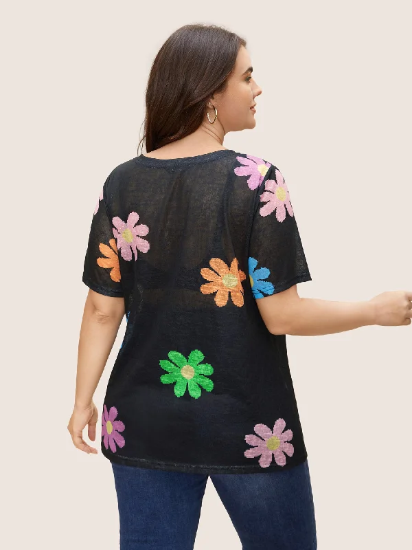 colored-floral-v-neck-see-through-t-shirt