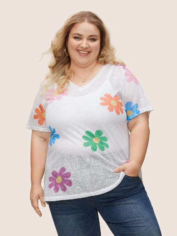 colored-floral-v-neck-see-through-t-shirt