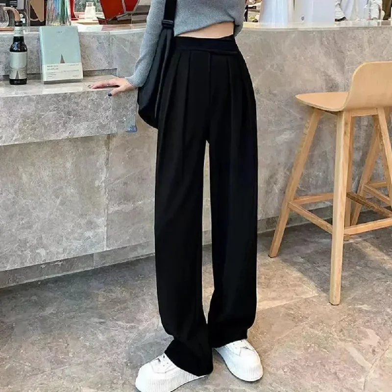 FashionSierra - Solid Color High Waist Spring Autumn Temperament Loose Straight Wide Leg Trouser