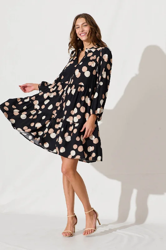 Felicity Smock Shirt Dress In Black With Cream Spot