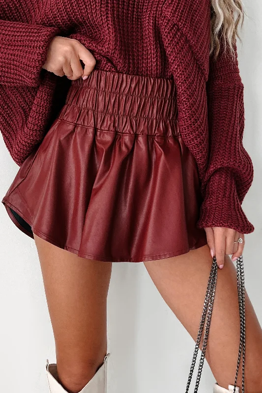 Flirty Allure Smocked Waist Faux Leather Skort (Wine)