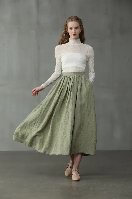 green-midi-linen-skirt-a-line-skirt-pleated-flared-skirt-1950-skirt-linennaive