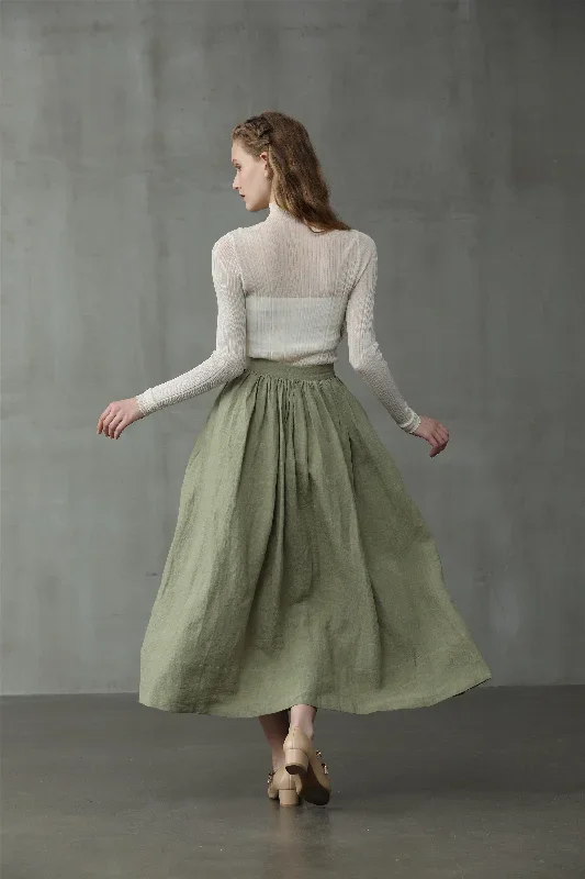 green-midi-linen-skirt-a-line-skirt-pleated-flared-skirt-1950-skirt-linennaive