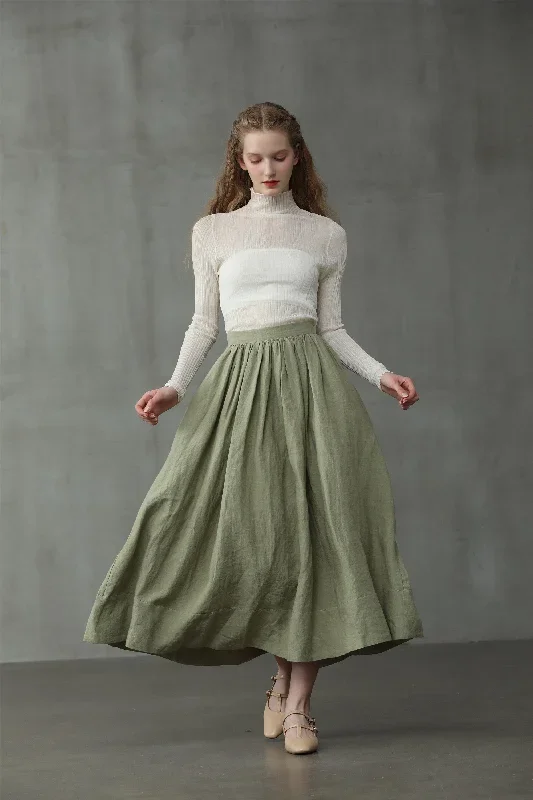 green-midi-linen-skirt-a-line-skirt-pleated-flared-skirt-1950-skirt-linennaive