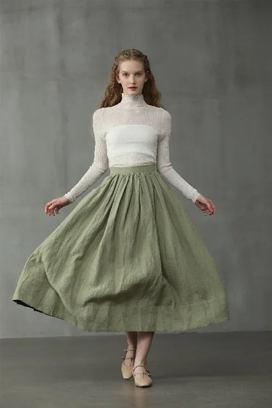 green-midi-linen-skirt-a-line-skirt-pleated-flared-skirt-1950-skirt-linennaive