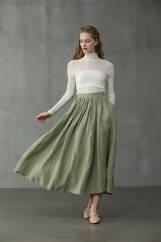 green-midi-linen-skirt-a-line-skirt-pleated-flared-skirt-1950-skirt-linennaive