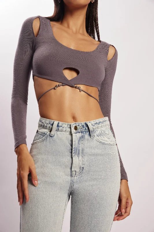 Jessie Long Sleeve Cut Out Crop Top - Charcoal