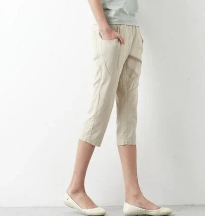 khaki linen pants summer crop pants casual elastic waist capri pants