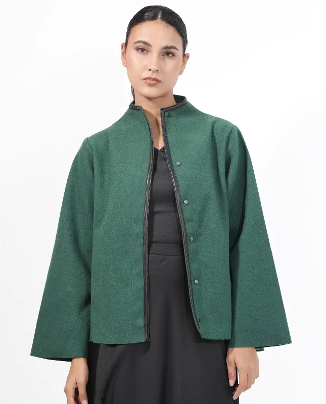 Rareism Women'S Kraus Green Polyester Fabric Full Sleeves Zip Closure High Neck Bell Sleeve Regular Fit Plain Jacket