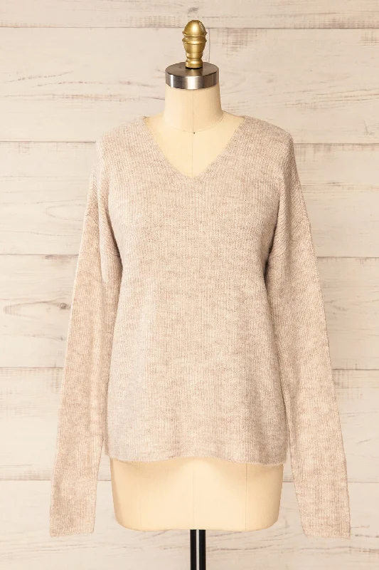 Kuching Beige | Soft Knit V-Neck Sweater