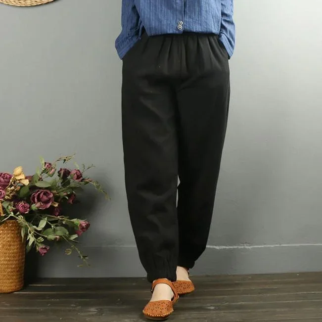 Ladies black loose large size beam pants cotton and linen elastic waist pants