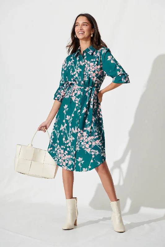 Maddington Shirt Dress In Teal With Pink Cherry Blossom