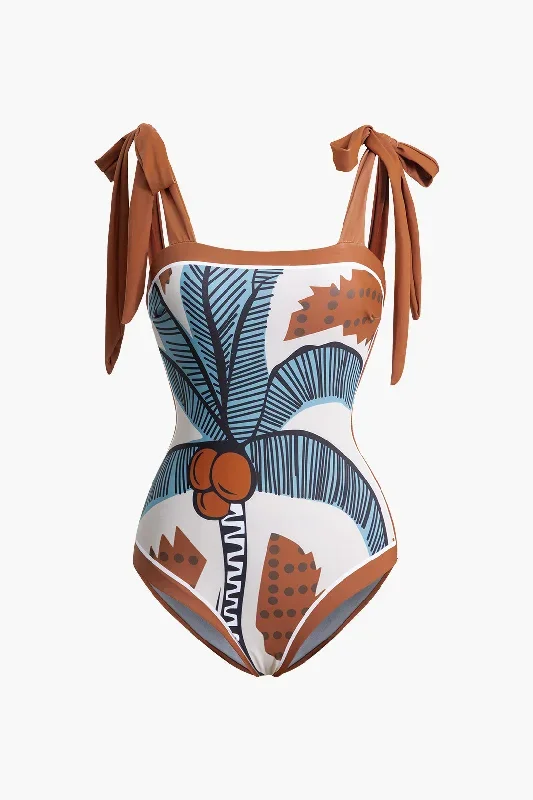 Tummy Control Coconut Tree Print Knot Strap One-Piece Swimsuit