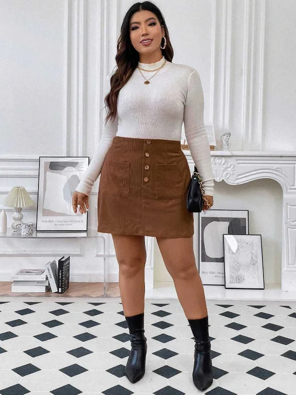 [Plus Size] Brown 1960s Pockets Solid Skirt