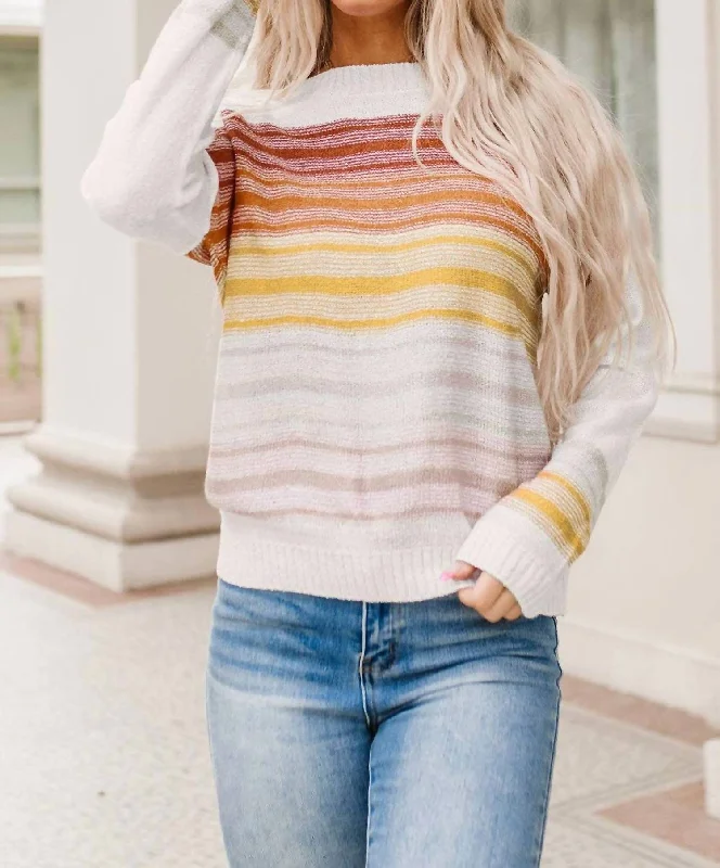 Poppy Stripe Long Sleeve Round Neck Sweater In White Multi