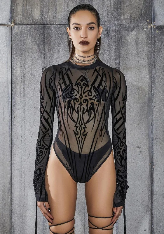 Snare Tattoo Print Mesh Bodysuit