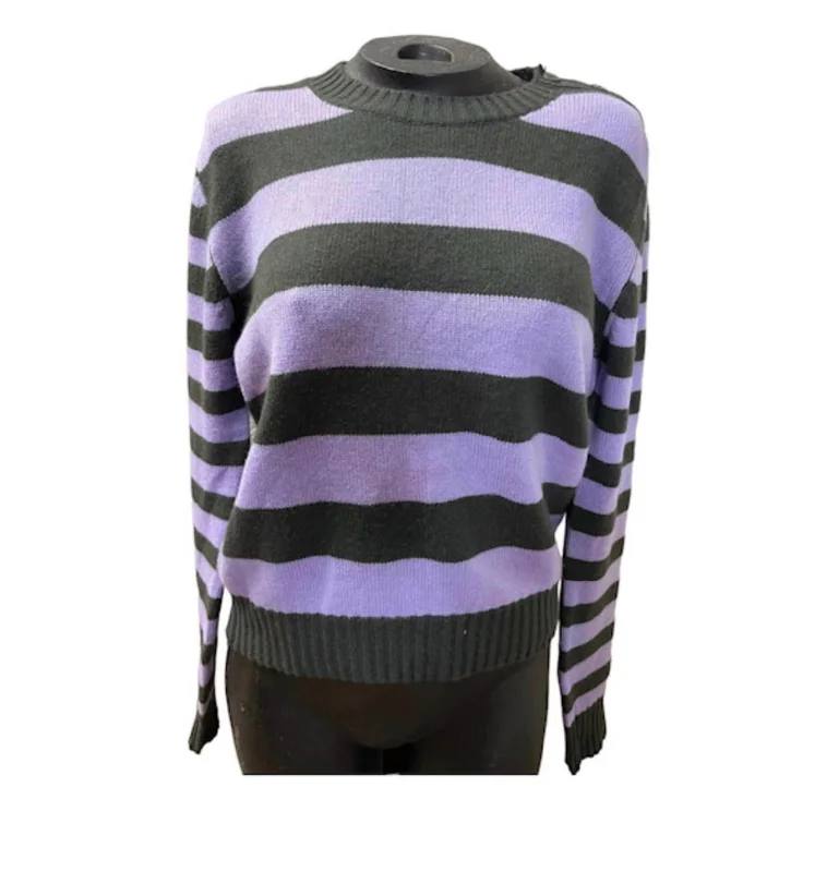 Stripe Button Crew Cashmere Sweater In Khaki Lavender