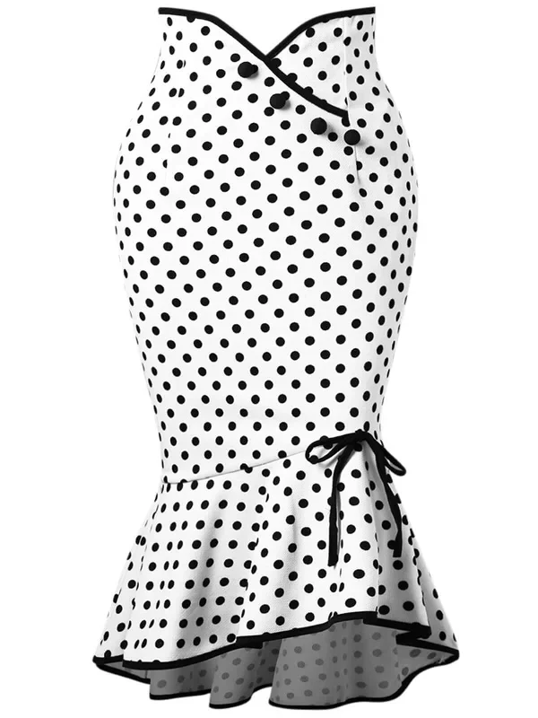 White 1940s Polka Dots Mermaid Skirt