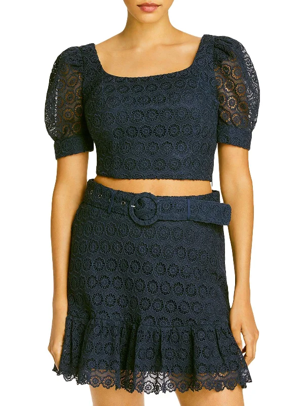 Womens Puff Sleeve Lace Crop Top